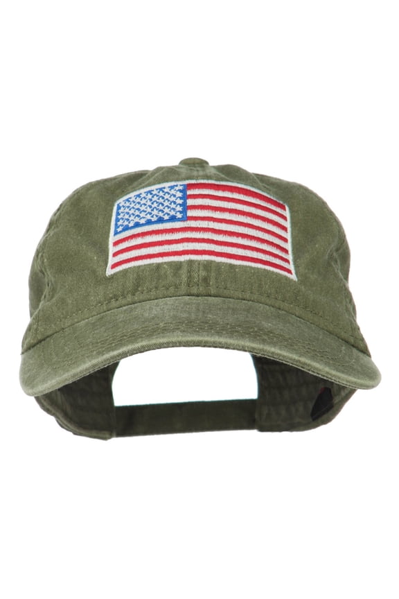 American Flag Embroidered Washed Cap - Olive Green OSFM