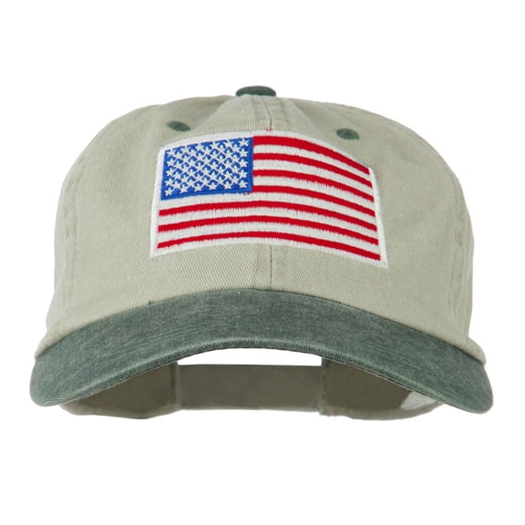 American Flag Embroidered Washed Two Tone Cap - Khaki Green OSFM