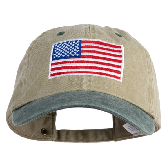 American Flag Embroidered Washed Two Tone Cap - Khaki Green OSFM