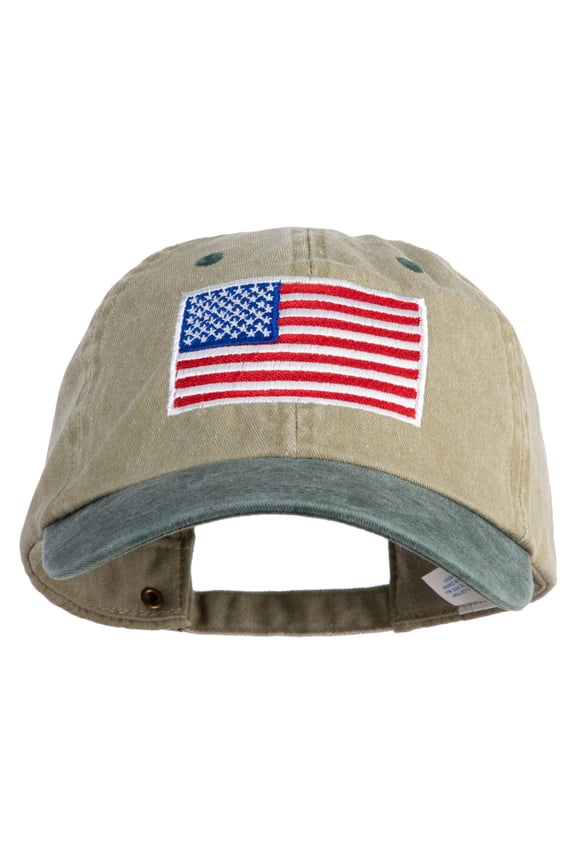 American Flag Embroidered Washed Two Tone Cap - Khaki Green OSFM