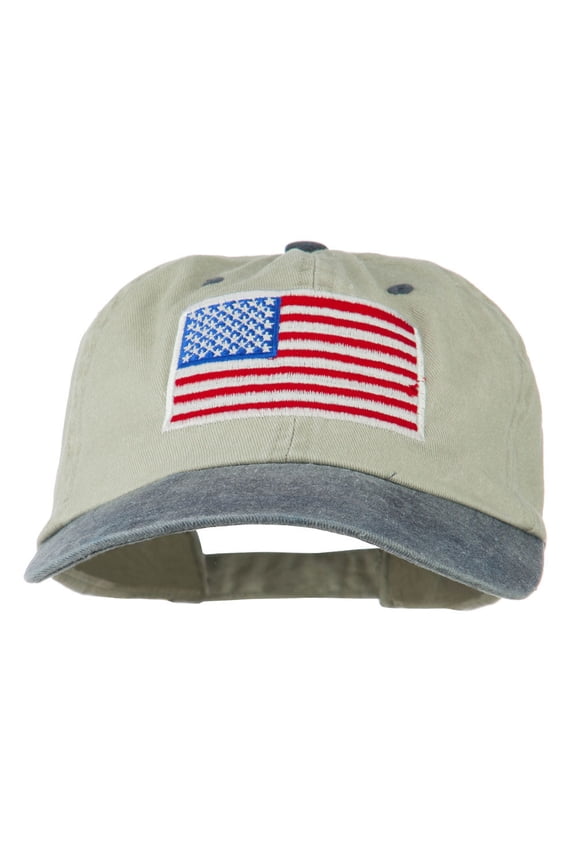 American Flag Embroidered Washed Two Tone Cap - Khaki Navy OSFM