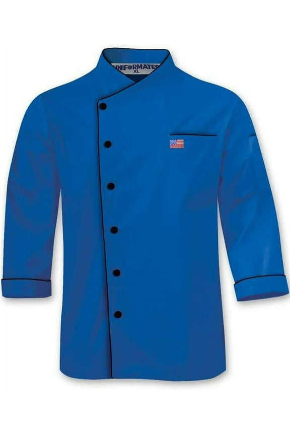 American Flag Embroidery Personalised Unisex Long Sleeve Ocean Blue Color Chef Coat Uniform Jacket for Food Service and Bakers Size XS