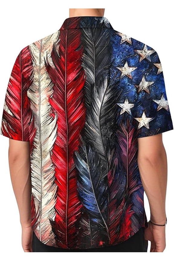 American Flag Feather Patriotic Hawaiian Shirt Mens Independence Day Button Down