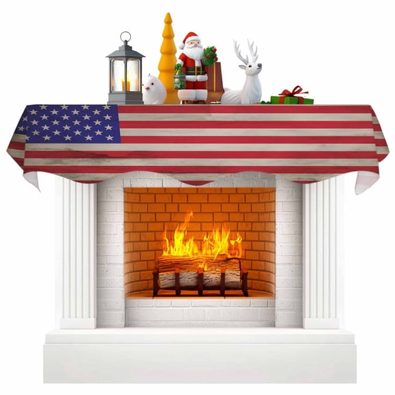 American Flag Fireplace Mantel Scarf Table Runner, USA Flag Retro Winter Garland Mantel Top Tablerunners Dresser Scarves Cover Decorations for Windows Party Living Room 70"x17"