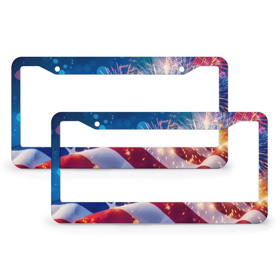 American Flag Fireworks License Plate Frame 2 Pieces Independence Memorial Day Car Front License Plate Frame for Women Men Auto Decoration Hardware 2 Round Holes Quality Aluminum License Plate Cover