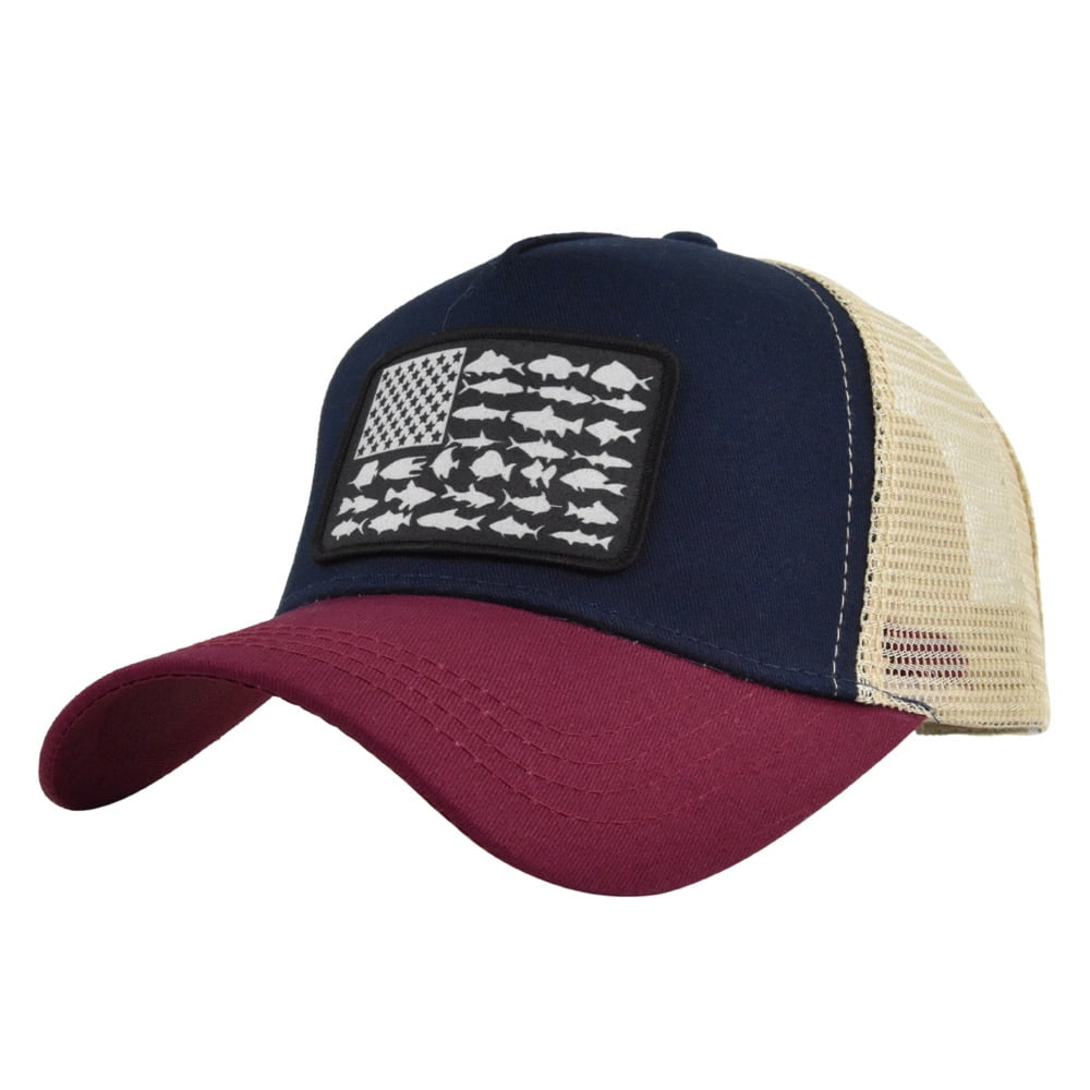 American Flag Fish Embroidered Patch Trucker Hat Mesh Fishing Baseball Caps  for Men Women Youth Adult