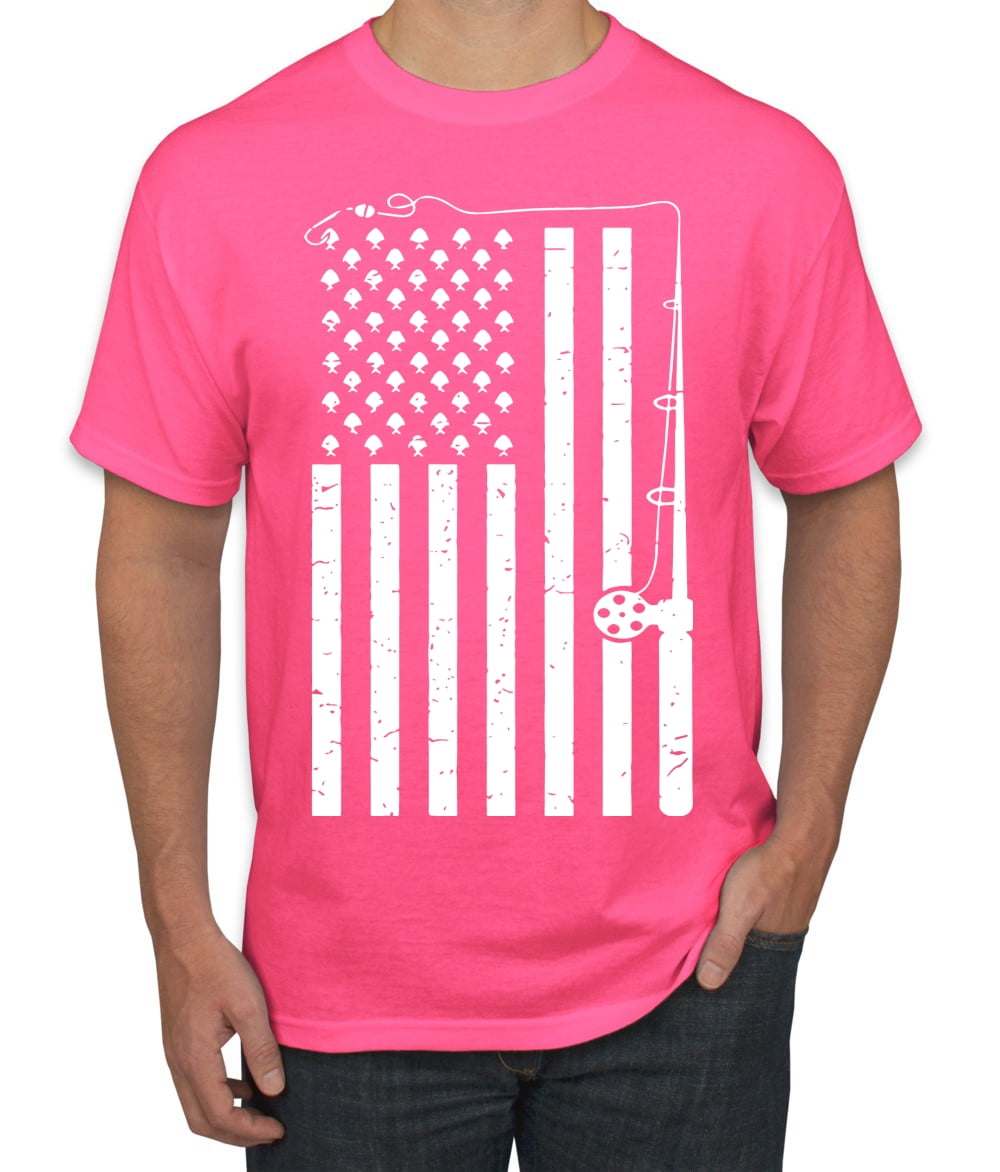 American Flag Fishing Rod USA Pride  Mens Fishing Graphic T-Shirt, Neon  Pink, 2XL 