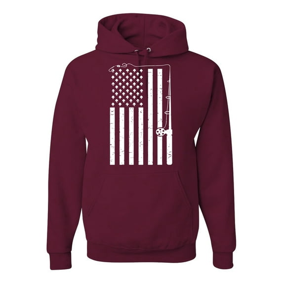 American Flag Fishing Rod USA Pride | Mens Fishing Hooded Sweatshirt Graphic Hoodie, Maroon, Small