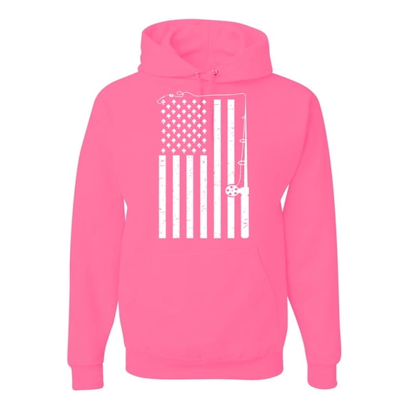 American Flag Fishing Rod USA Pride | Mens Fishing Hooded Sweatshirt Graphic Hoodie, Neon Pink, 3XL