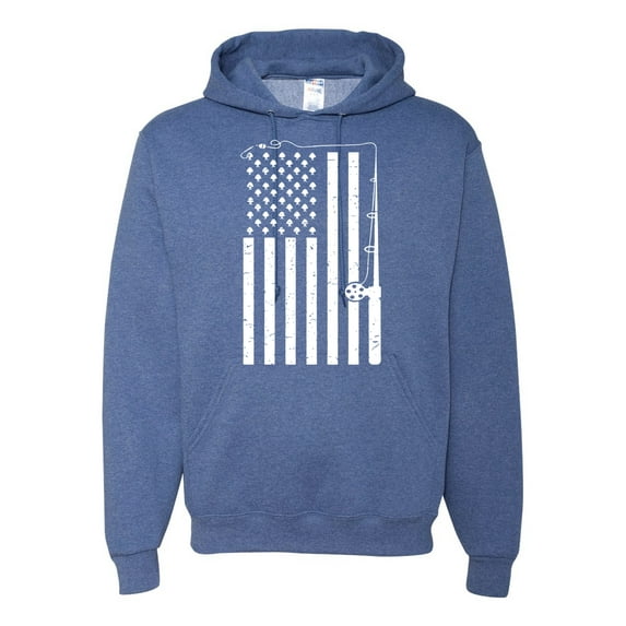 American Flag Fishing Rod USA Pride | Mens Fishing Hooded Sweatshirt Graphic Hoodie, Vintage Heather Blue, 2XL