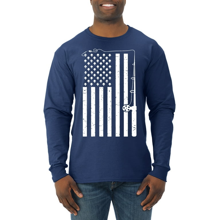 American Flag Fishing Rod USA Pride | Mens Fishing Long Sleeve T-Shirt,  Navy, Medium