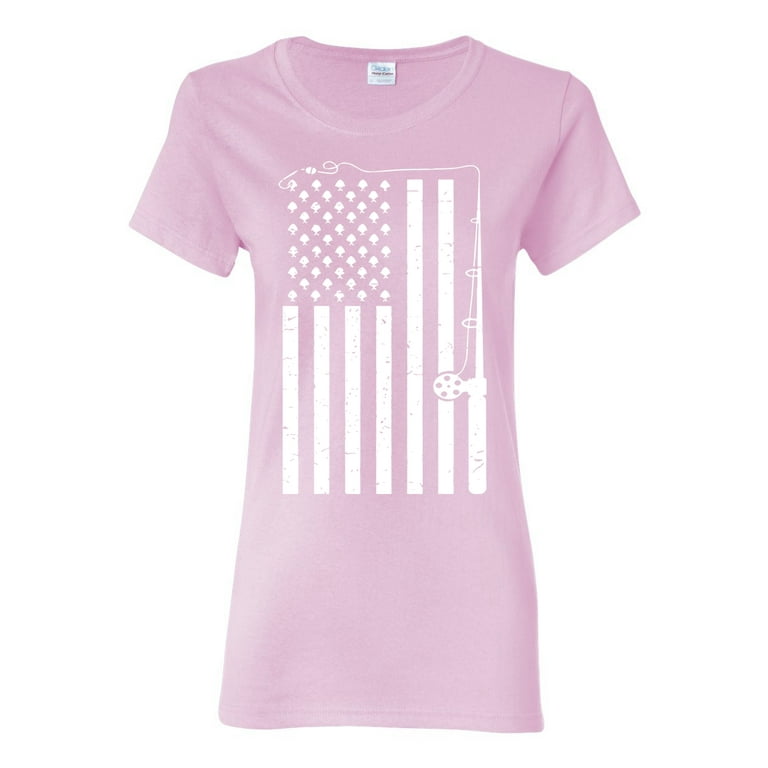 American Flag Fishing Rod USA Pride | Womens Fishing Graphic T-Shirt, Light  Pink, X-Large