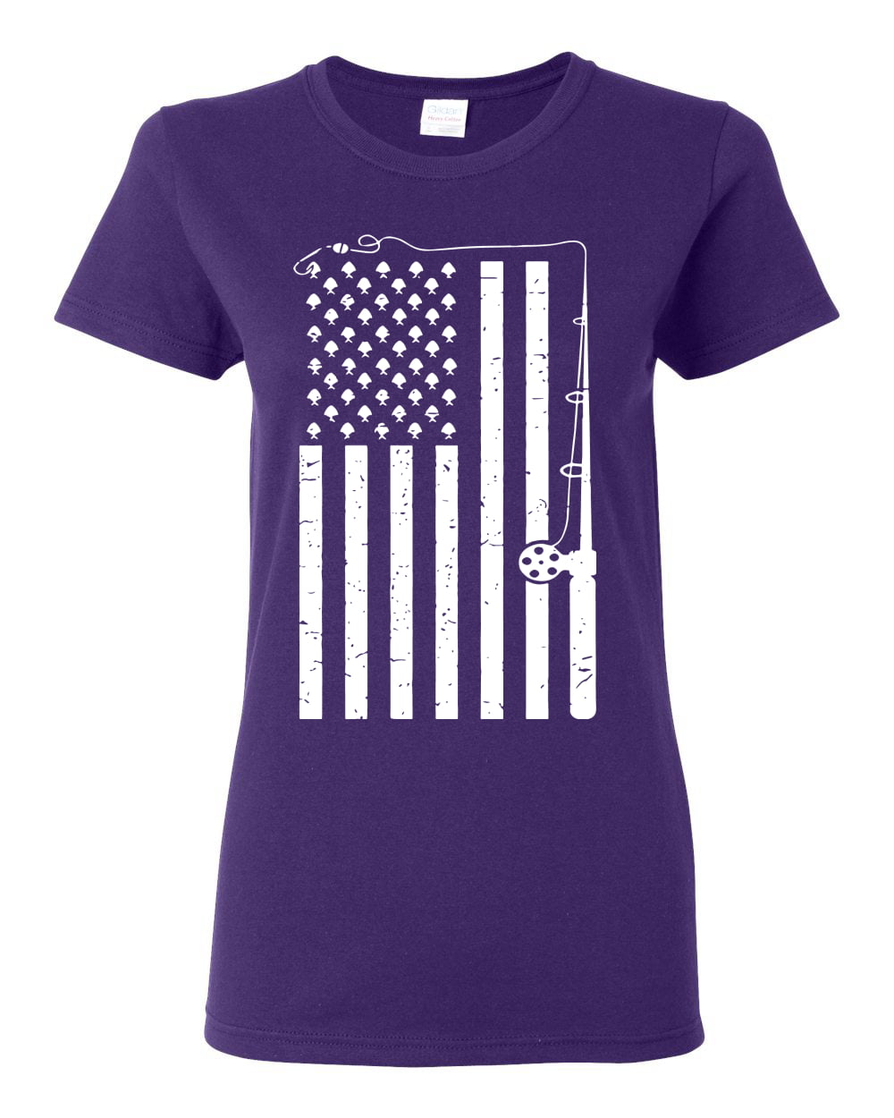 American Flag Fishing Rod USA Pride  Womens Fishing Graphic T-Shirt, Purple,  Small 