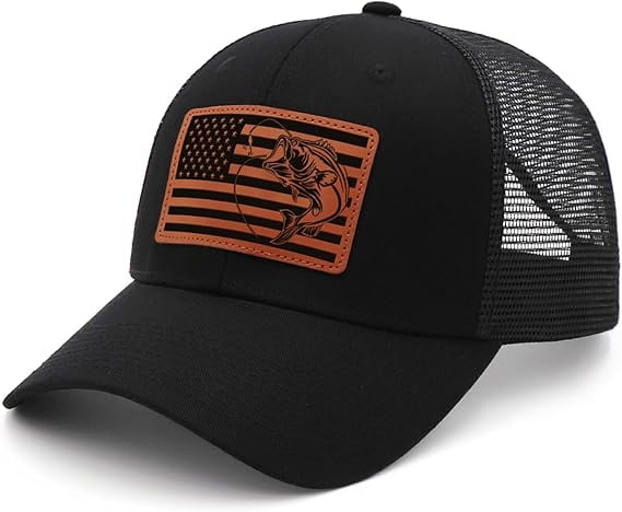 American Flag Fishing Trucker Hat - Funny Embroidered Leather Patch Baseball Cap For Men