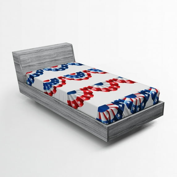 Ambesonne American Flag Fitted Sheet, Ribbon Pattern, Twin Size, Blue Red