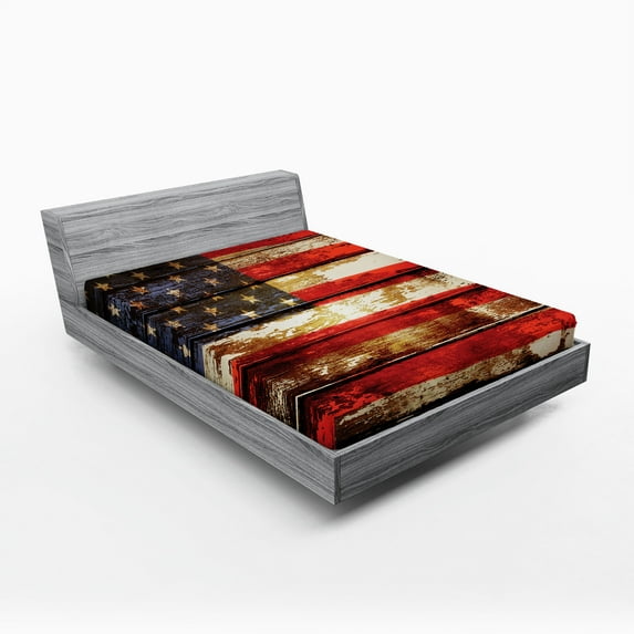American Flag Fitted Sheet, Us over Old Rusty Tones Weathered Vintage Social Plank Art, Decorative Soft Bedding All-round Elastic Pocket, King Size, Multicolor, by Ambesonne