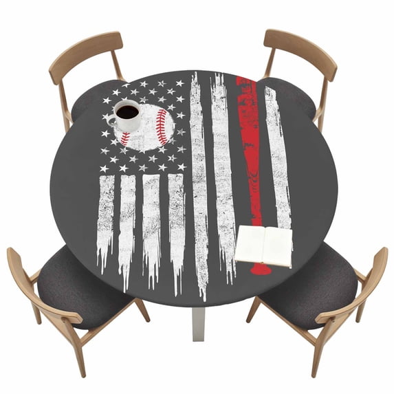 American Flag Fitted Tablecloth with Elastic Edged, Round Table Cloth for Dining Table, Retro US Flag Baseball Stars Gray Waterproof Oil Proof Table Cover for Indoor Outdoor 45"-54"