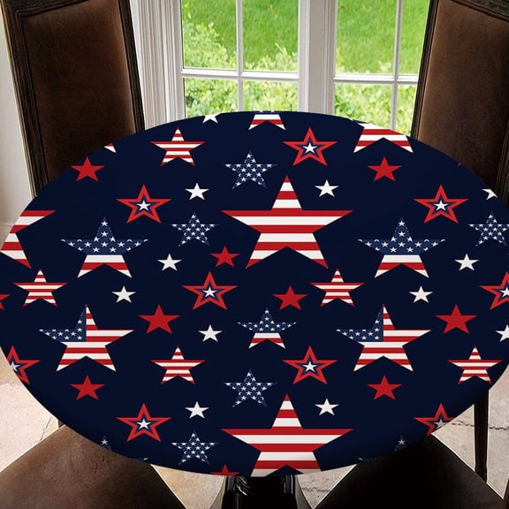 American Flag Fitted Tablecloth Round, July 4th Elastic Edge Table Cover, Polyester Table Pad Cloth for Indoor Outdoor Party Dinner Patio Decor, Tablecloth Size 48"(Fit for 36.2"-40.1" Table), Type 1