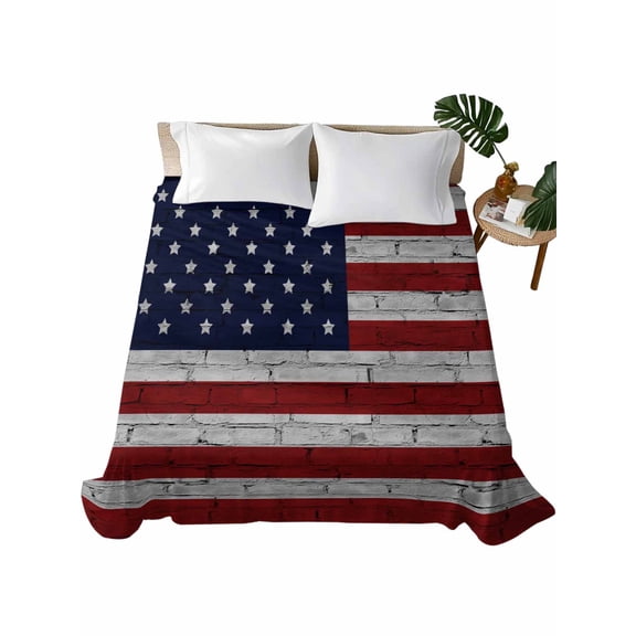 American Flag Flat Sheets Only California King Size, Soft Breathable Bed Top Sheets for Mattress, Vintage Brick Wall Star Striped Red Blue Bedding Flat Sheets for Home Hotel Bedroom Bed Protection