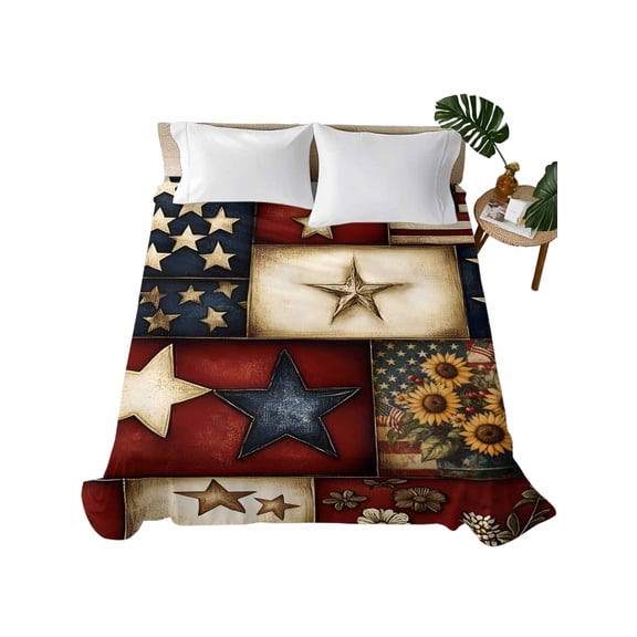 American Flag Flat Sheets Only Full Size, Soft Breathable Bed Top Sheets for Mattress, Texas Star Farmhouse Sunflowers Blue Red Luxury Bedding Flat Sheets for Home Hotel Bedroom Bed Protection