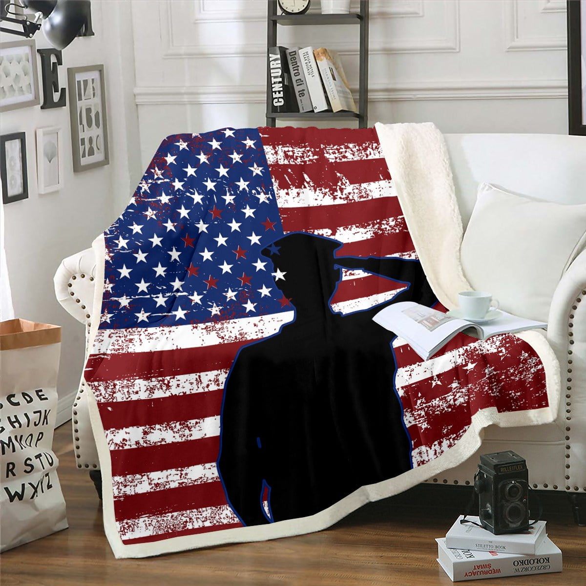 American Flag Fleece Blanket Soldier Salute for Usa Flag Throw Blanket
