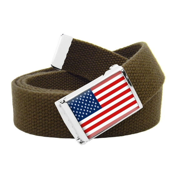 American Flag Flip Top Men's Belt Buckle with Canvas Web Belt X-Large Brown