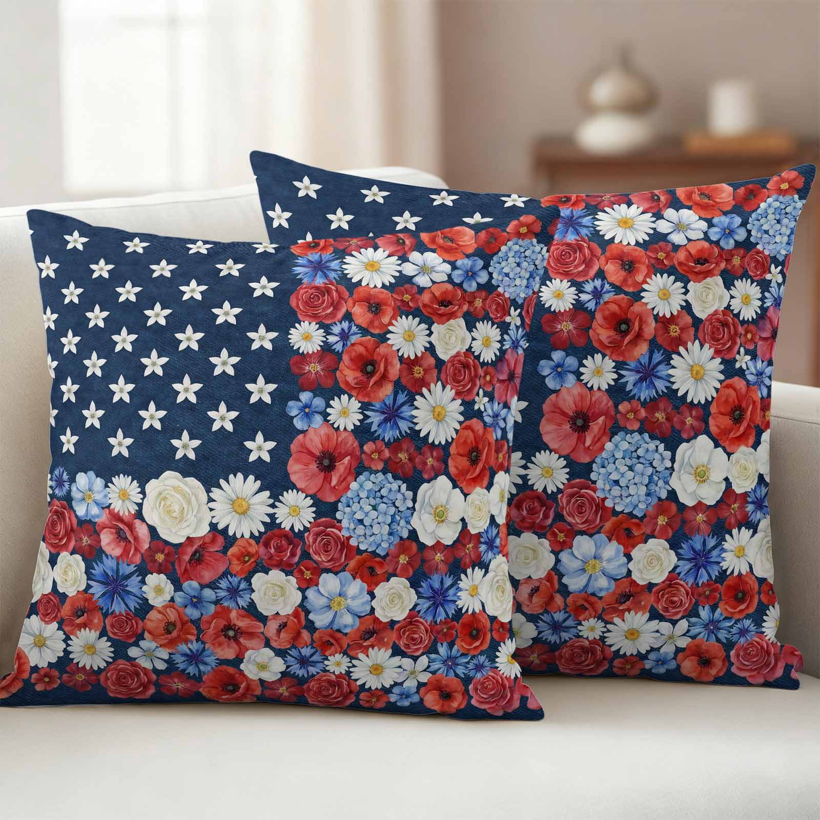 American Flag Floral Outdoor Waterproof Throw Pillow Covers 20x20 Set of 2, Red Blue Poppy 4th Oh July Decorative Pillowcases Cushion Pillowcase for Couch Sofa Patio Outside Pillow Protector