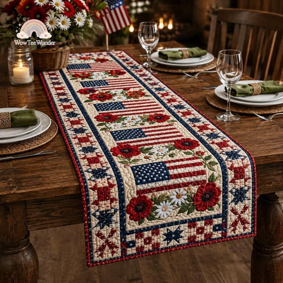 American Flag Floral Runner, Red Poppy USA Flag Table Runner, 4th of July Memorial Day Decor, Fourth of July Decor, Patriotic Dining Decor