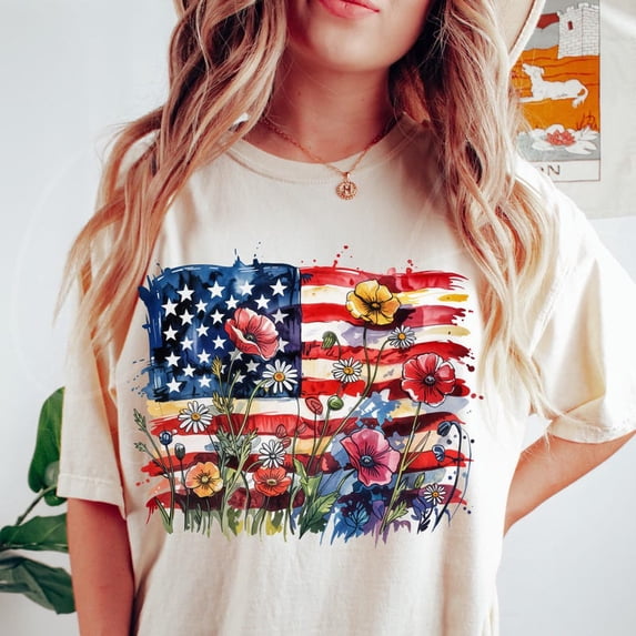 American Flag Floral T-shirt, Patriotic Wildflower USA Shirt, Boho 4th Of July Shirt Graphic, Poppy And Daisy Flag Shirt TH140522