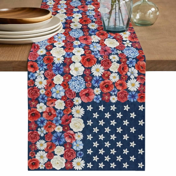 American Flag Floral Table Runner 72 Inches, Red Blue Poppy 4th Oh July Bed Runner Dresser Scarves Tabletop for Indoor Outdoor Parties/Ceremony/Banquet, 14" x 72"
