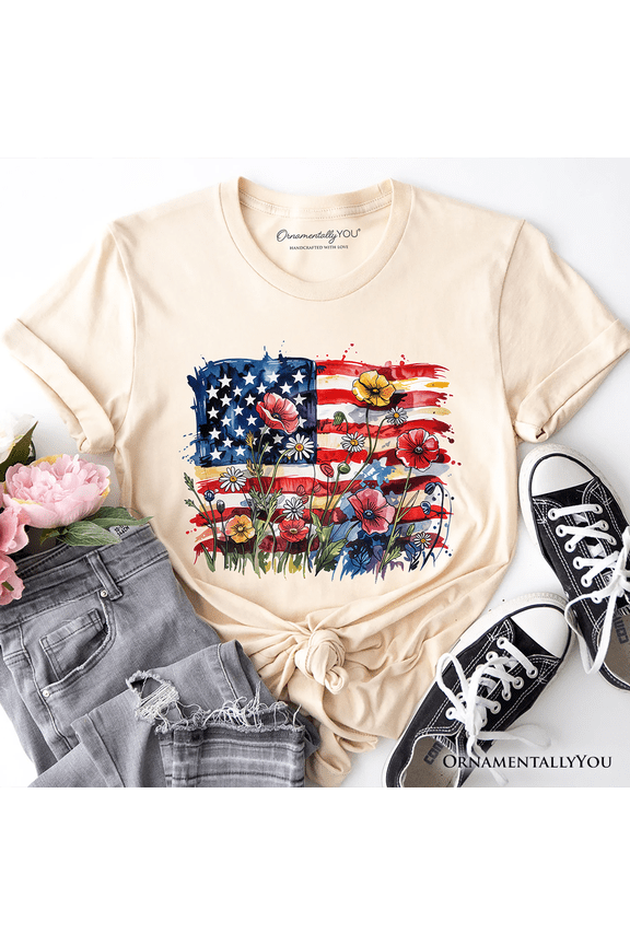 American Flag Floral Wildflower T-Shirt, Patriotic Boho USA 4th of July Tee