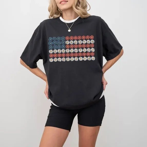 American Flag Flower Patriotic Independence Day Pattern Tops for Womens