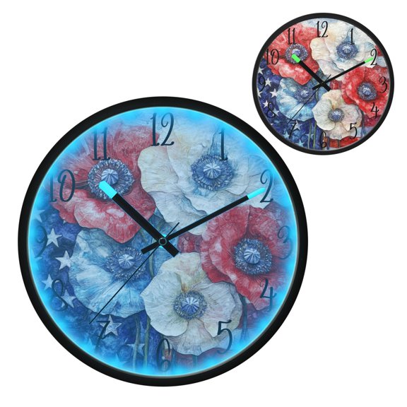 American Flag Flowers Luminous Wall Clock with Sound-Activated LED 12-Inch Silent Acrylic Timepiece for Bedroom Livingroom or Office