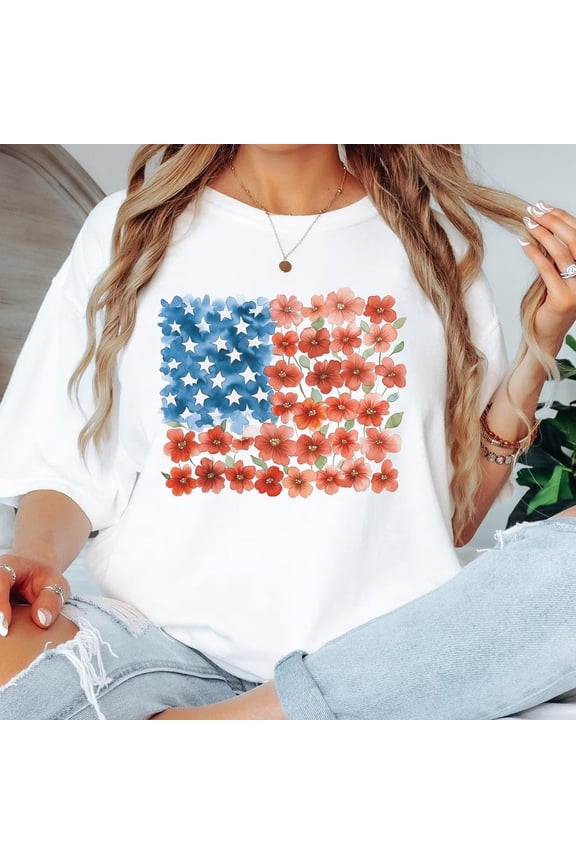 American Flag Flowers Shirt, Floral 4th of July Shirts for Women, Watercolor Boho USA Tee, 250th Anniversary Shirts Summer Gift