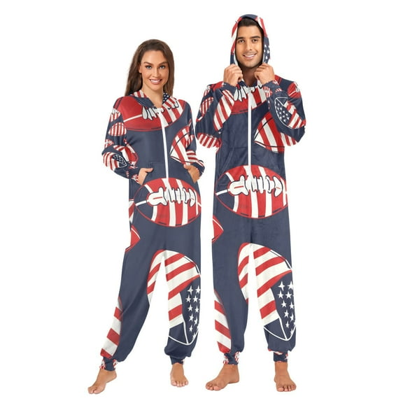 American Flag Football Adult Onesie Pajamas Slim Fit Christmas One Piece Suit Pjs for Women and Men Hooded Zipper