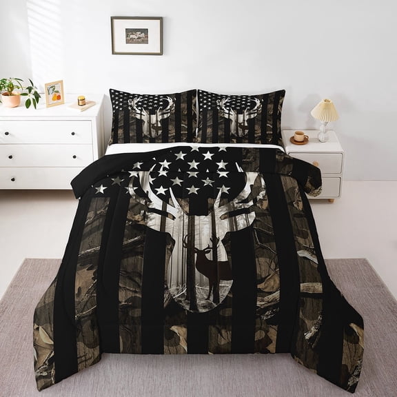 American Flag Full Comforter Set,Grey Camouflage Antlers and Leaves Down Comforter for Man Adult,Camo Hunting Deer Animal Camping Bedding Set Stars Stripes USA Flag Quilt,Farmhouse Style