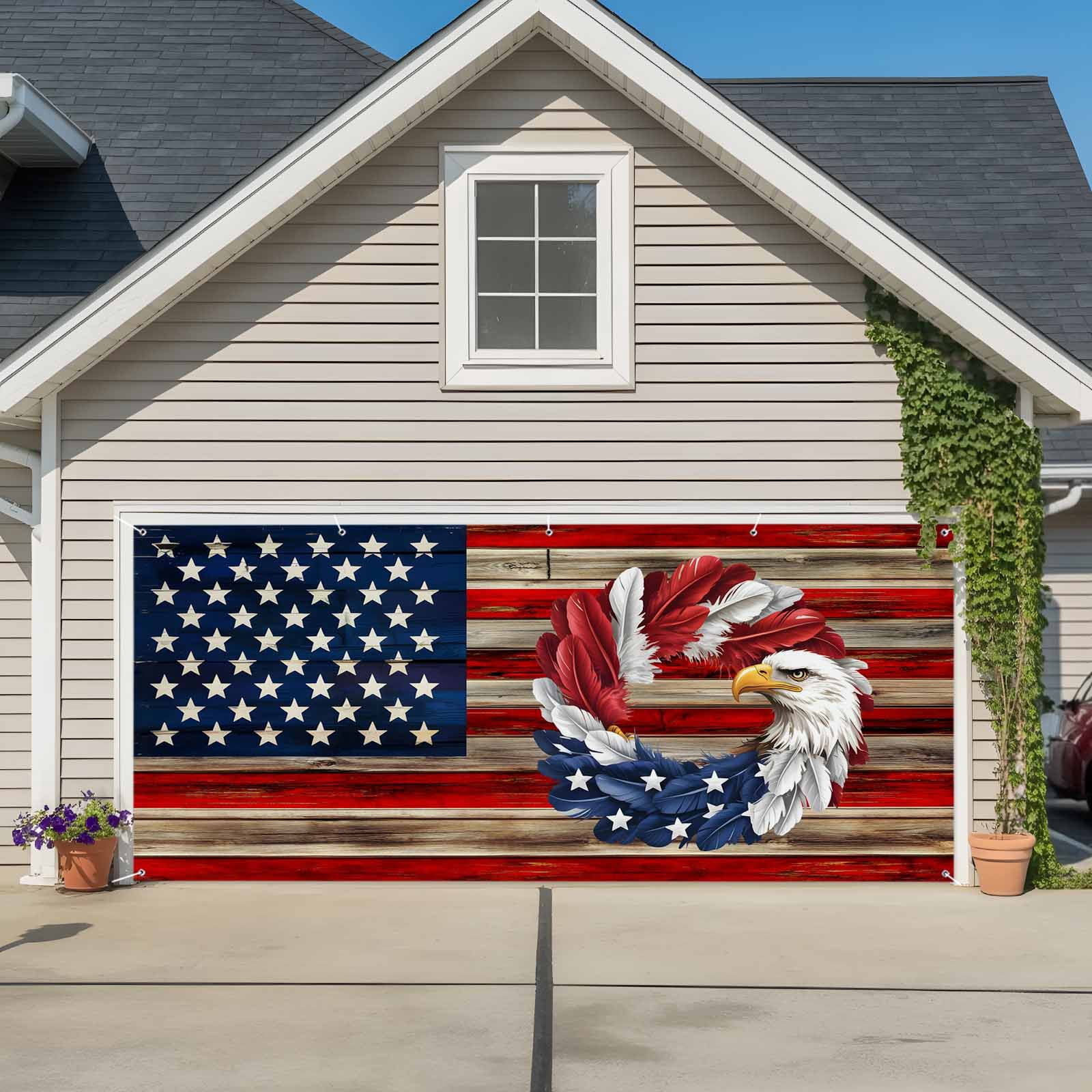 American Flag Garage Door Cover Banner 7 x 8 FT, Blue Red USA Flag Eagle Wreath Garage Door Curtains Backdrop with Grommets for Indoor Outdoor Wall Party Porch Yard Decorations Background