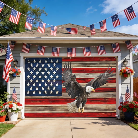 American Flag Garage Door Cover, Eagle Blue Red USA Flag Retro Garage Door Decorations with Ropes, Outdoor Hanging Banner Backdrop for Holiday Party Courtyard Porch Wall Decor 6.9x8ft