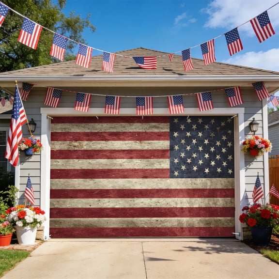 American Flag Garage Door Cover, Retro Shabby US Star Striped Flags Garage Door Decorations with Ropes, Large Outdoor Hanging Banner Backdrop for Holiday Party Courtyard Porch Wall Decor 6.9x16ft