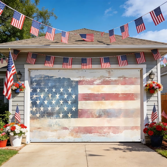 American Flag Garage Door Cover, Rustic Star Stripes USA Flag Retro Garage Door Decorations with Ropes, Large Outdoor Hanging Banner Backdrop for Holiday Party Courtyard Porch Wall Decor 6.9x16ft