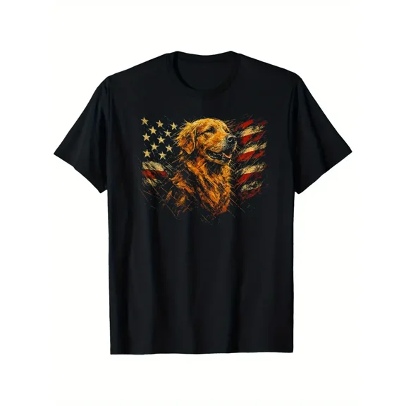 American Flag Golden Retriever T-Shirt, 4th of July, 100% Cotton Crew Neck Short Sleeve Tee, Loose Fit, All-Season Street Style for Adults, Gift for Men, Women, and Parents