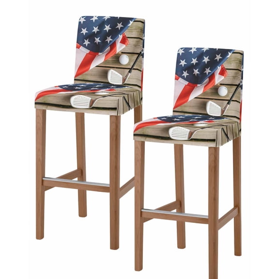 American Flag Golf Bar Stool Covers Set of 2, 4th of July Farmhouse Vintage Wood Grain Stretch Bar Chair Covers with Backs, Removable Pub Counter Height Chair Cover for Kitchen Dining Room Cafe