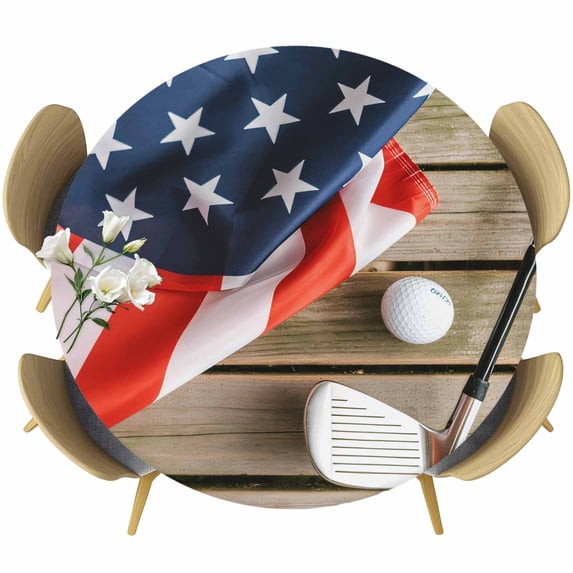 American Flag Golf Round Tablecloth, Fitted Table Cover with Elastic for 36"-44" Round Tables, 4th of July Farmhouse Vintage Wood Grain Table Cloth Outdoor Indoor Dinning Party Waterproof Tablecloths