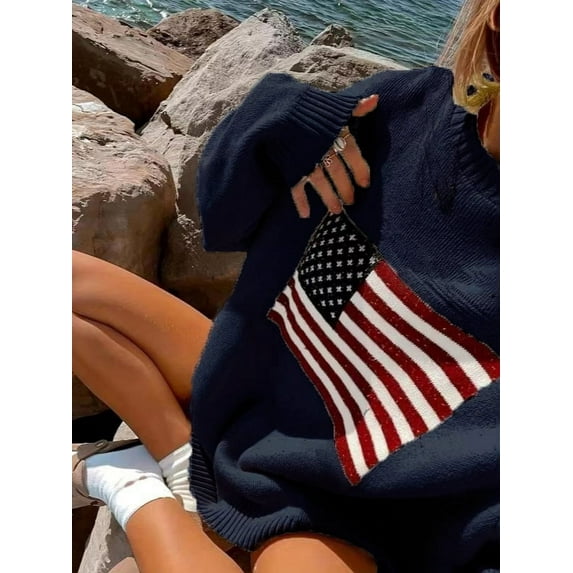American Flag Graphic Long Sleeve Round Neck Pullover Sweater (L, Blue)