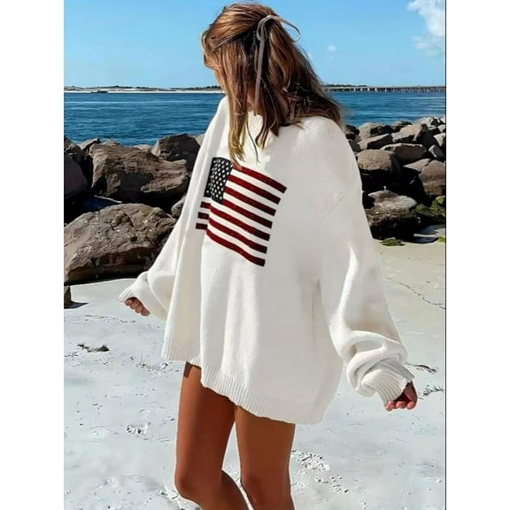 American Flag Graphic Long Sleeve Round Neck Pullover Sweater (M, White)