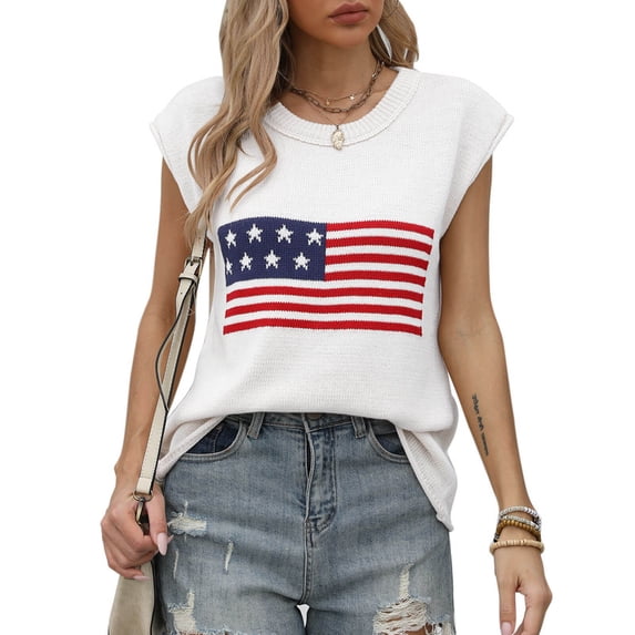 American Flag Graphic Sweater Vest for Women Summer Lightweight Knitted Sweaters Crew Neck Cap Sleeve Tank Tops Shermie