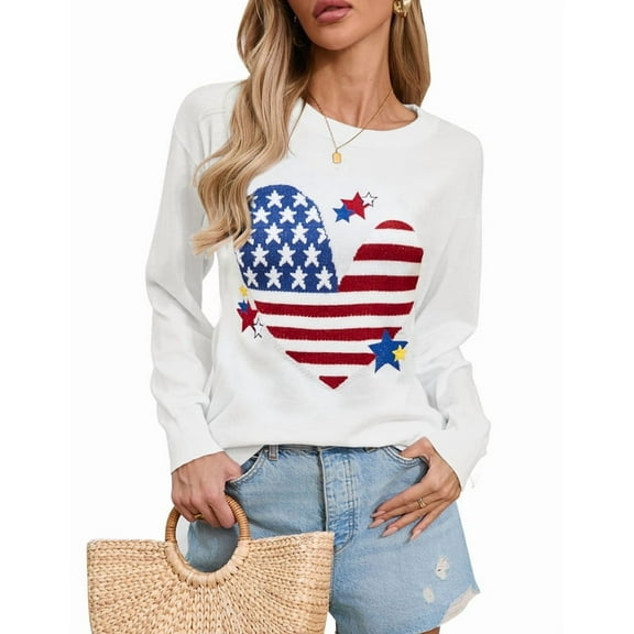 American Flag Graphic Sweaters for Women 4th of July Crew Neck Heart Sweater Long Sleeve Casual Knit Pullover Sweater Shermie
