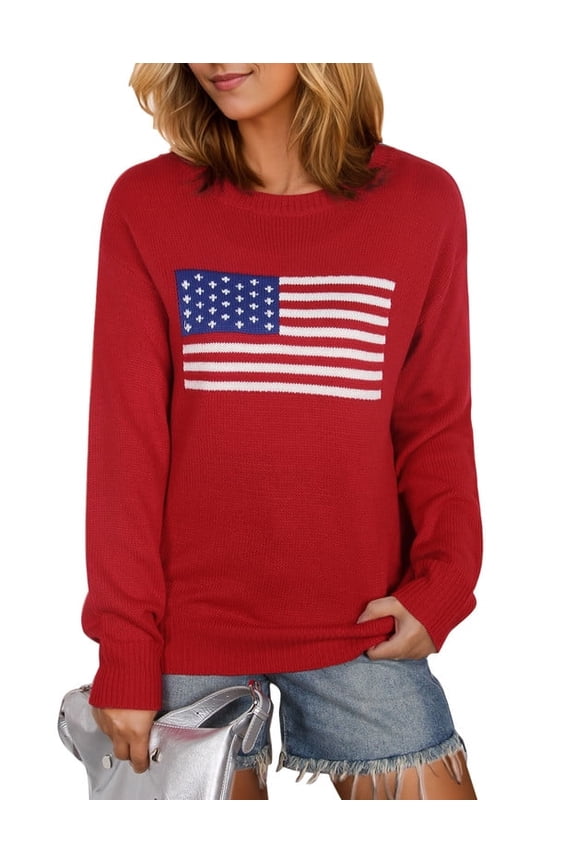 American Flag Graphic Sweaters for Women 4th of July Crew Neck Sweater Long Sleeve Casual Knit Pullover Sweater Shermie