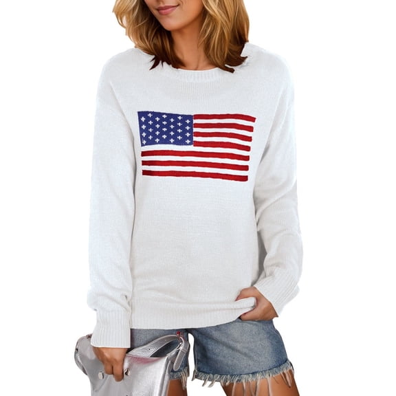 American Flag Graphic Sweaters for Women 4th of July Crew Neck Sweater Long Sleeve Casual Knit Pullover Sweater Shermie