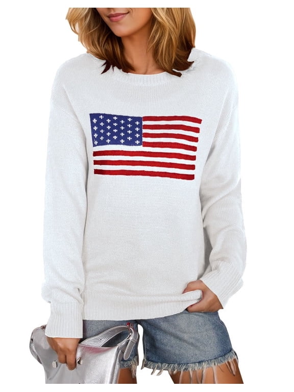 American Flag Graphic Sweaters for Women 4th of July Crew Neck Sweater Long Sleeve Casual Knit Pullover Sweater Shermie